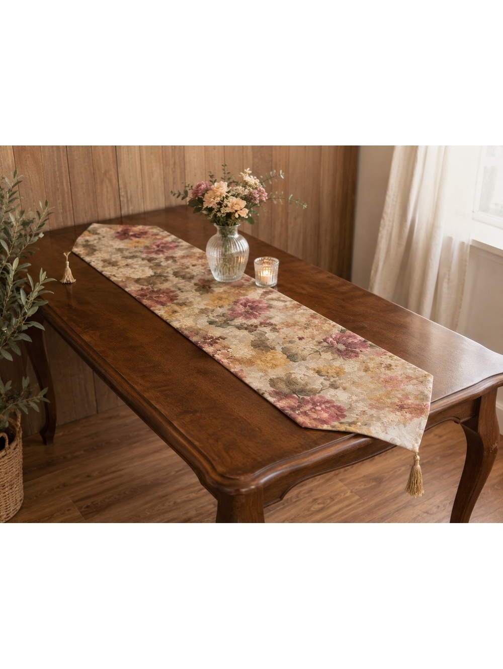 Elegant Floral Tapestry Table Runner 13x70 Tassel Fringe Romantic Cottage Decor